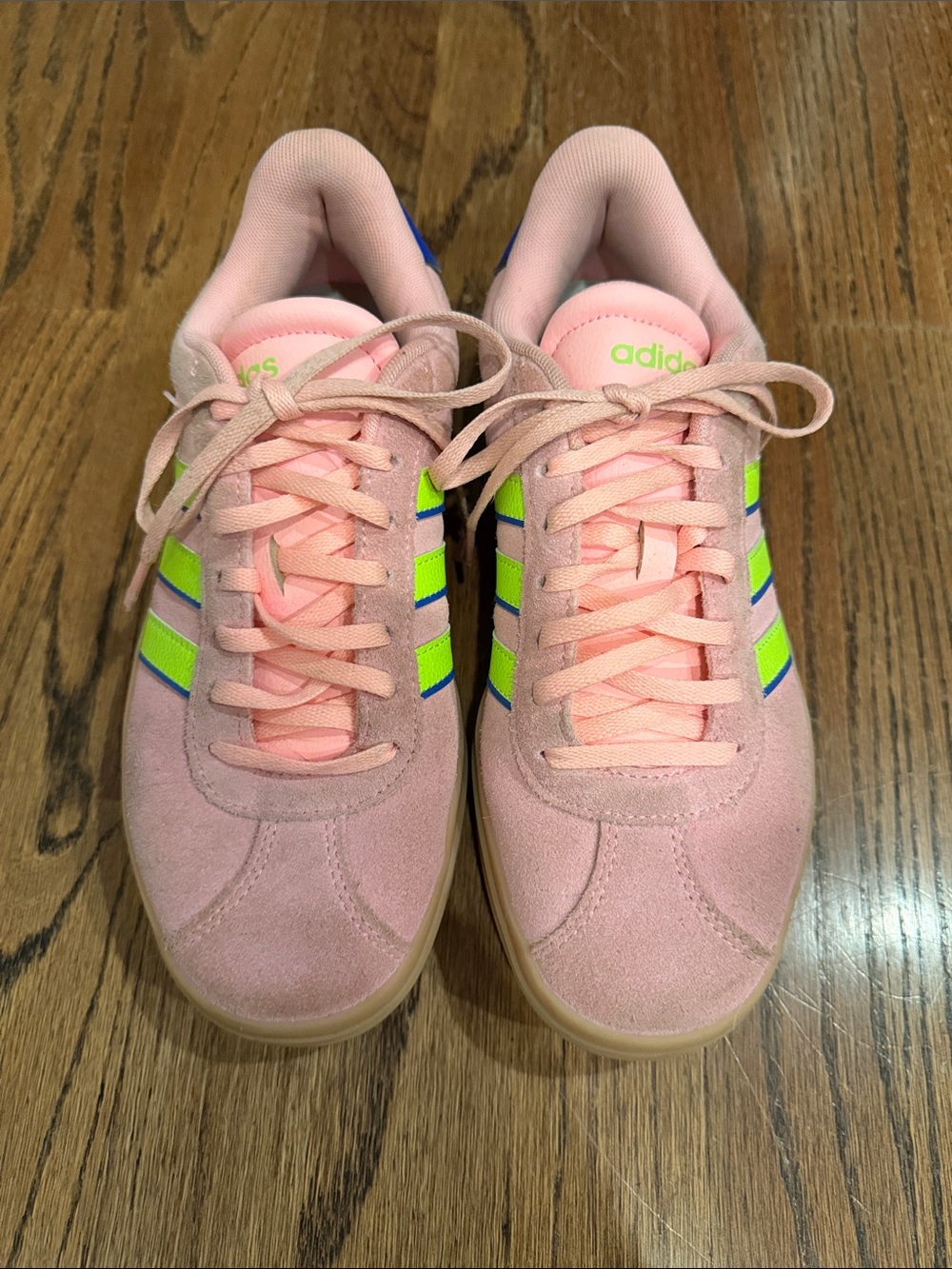 adidas Pink Suede Sneakers with Neon Yellow Stripes Sz 7.5
